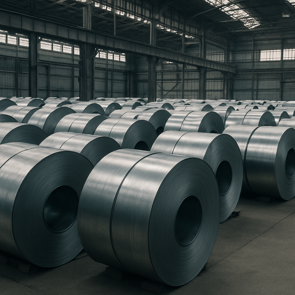 Rows of rolled steel coils in an industrial warehouse