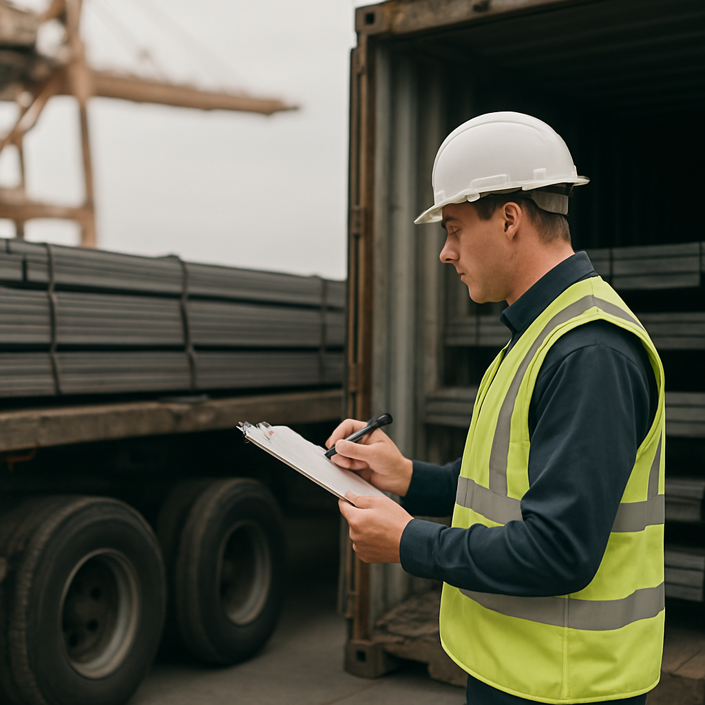 Inspector checking steel products being loaded into a shipping container